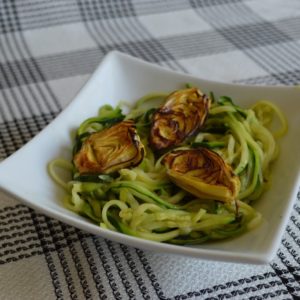 Roasted Artichokes on Zucchini Noodles with Lemon Garlic Sauce