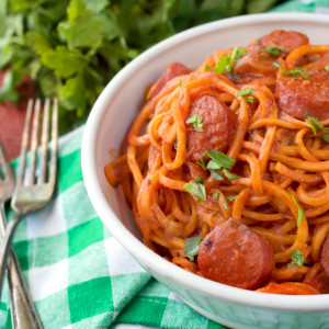 Paleo Spicy Sausage Pasta by Plaid and Paleo