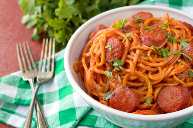 Paleo Spicy Sausage Pasta by Plaid and Paleo.