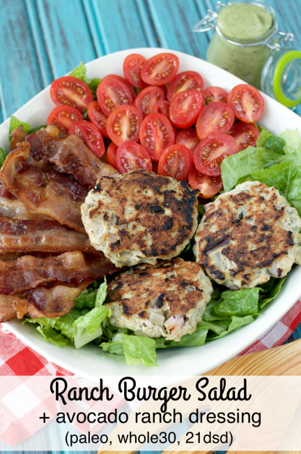 Paleo Bacon Ranch Burger Salad with Avocado Ranch Dressing | Plaid and Paleo