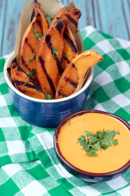 Grilled Sweet Potato Wedges with Southwest Roasted Red Pepper Dip | Plaid and Paleo