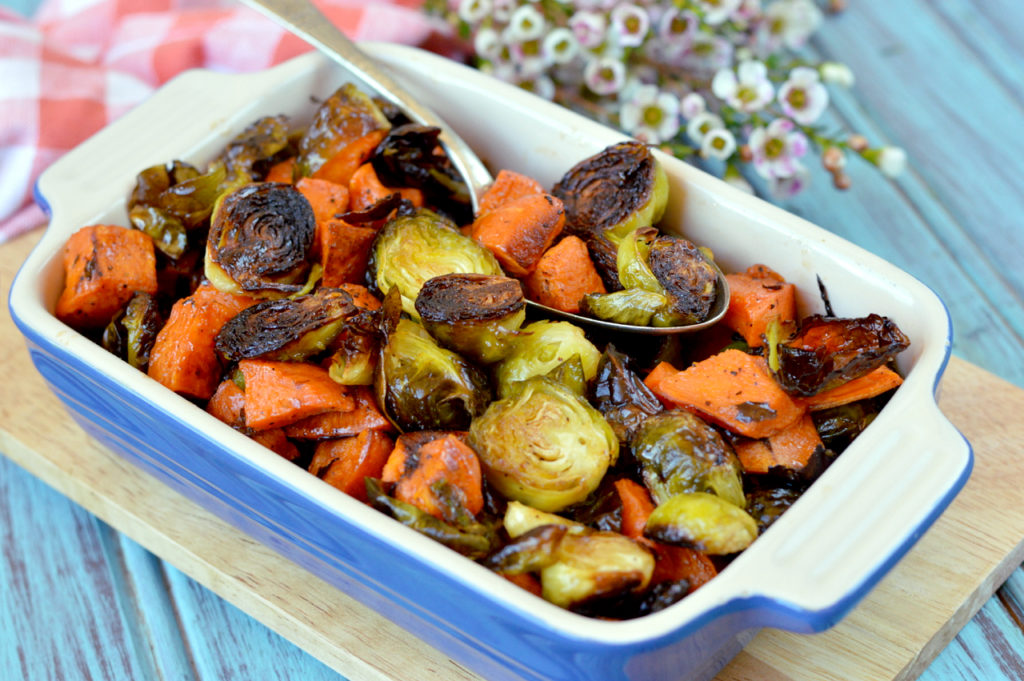 Paleo Honey-Sriracha Sweet Potatoes and Brussels Sprouts | Plaid and Paleo