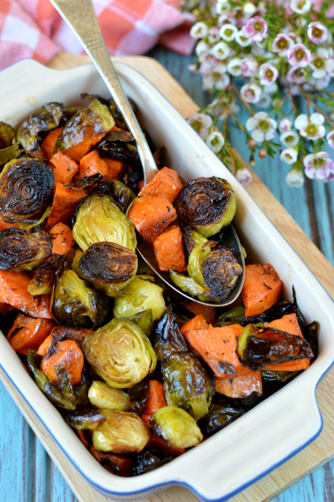 Paleo Honey-Sriracha Sweet Potatoes and Brussels Sprouts | Plaid and Paleo